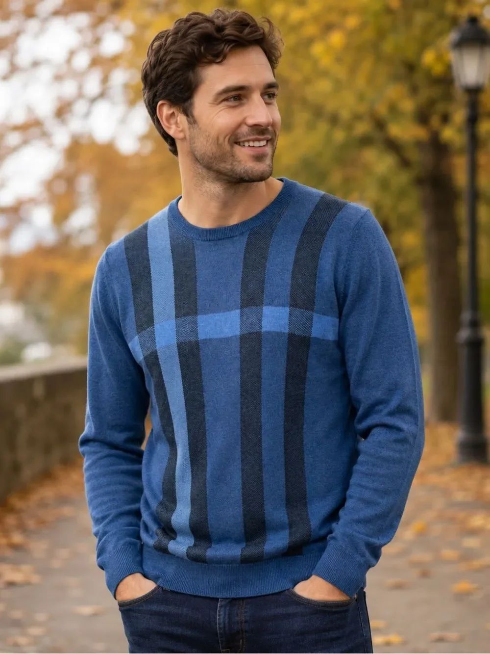 Van Heusen Mens Lightweight Long Sleeve Blue Cotton Crewneck Sweater Plaid M